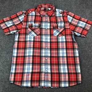Attitude Plaid Mens XL Red Blue White Short Sleeve Button Down Shirt Epaulets